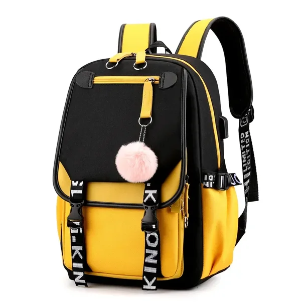 Large School Bags for Teenage Girls USB Port Canvas Schoolbag Student Book Bag Fashion Black Pink Teen School Backpack