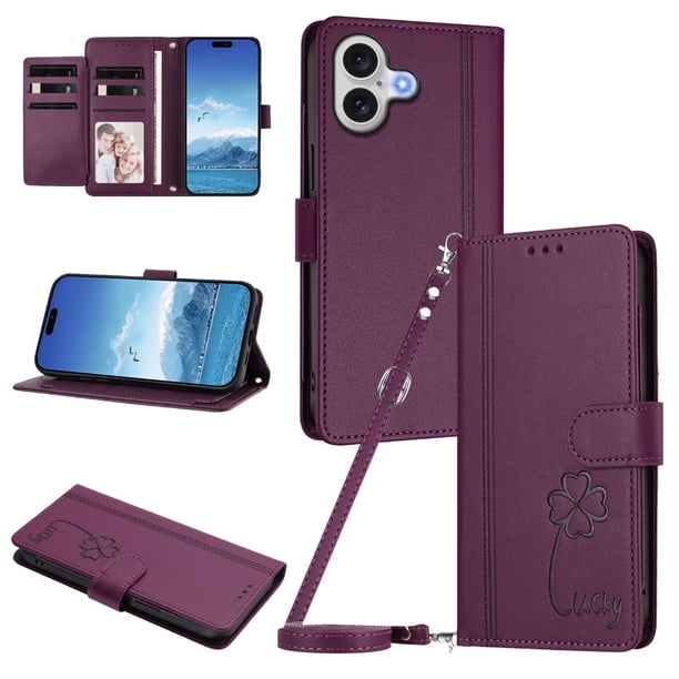 Funda Cartera Trébol para iPhone 17 con Ranuras Tarjetas y Carga Inalámbrica Violeta
