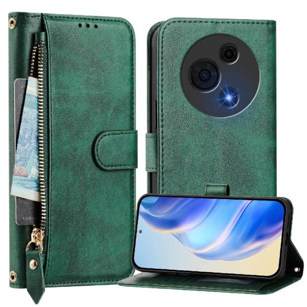 Funda Billetera Cremallera para TCL 60 XE NxtPaper con Porta Tarjetas, Soporte y Correa Verde