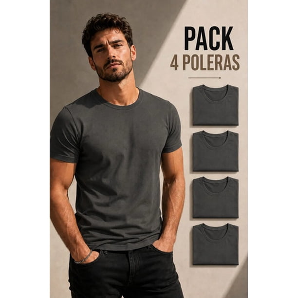 Pack 4 Poleras Basicas Cuello Redondo 100% Algodon 200g Carbon L Lisa