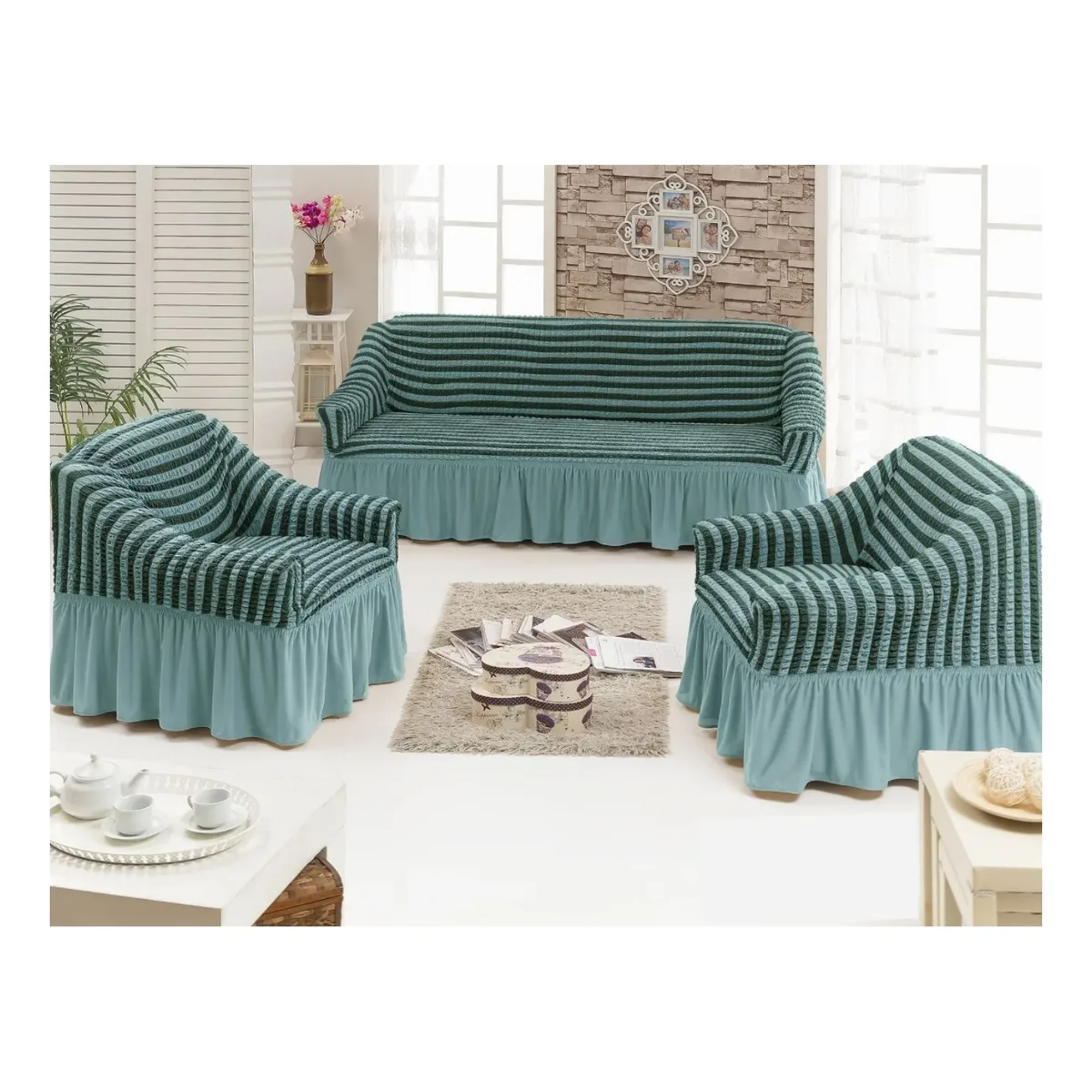 Casadeliacl - Funda Tfi Raya Kit Para Sillón 3+1+1 Líneas / Turquesa / Rayas