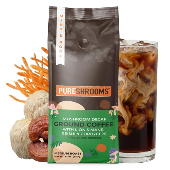 Café molido de hongos descafeinado PureShrooms, tueste medio, 340 g