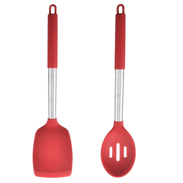 Utensilios de cocina de 2 piezas, cabezales de silicona aptos para uso alimentario y mangos de acero inoxidable, color rojo