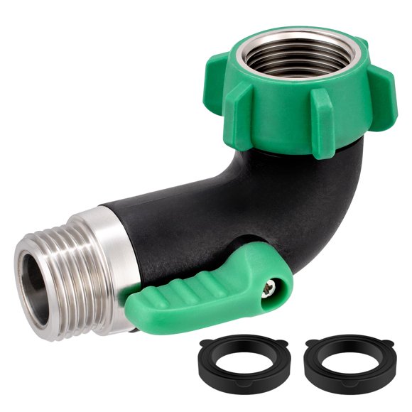 Adaptador de codo para manguera de jardín de 90° con válvula de cierre 304 SS