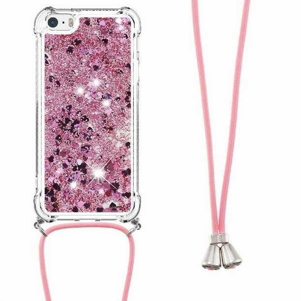 Funda FOXDOCK para iPhone SE con Cuerda Ajustable, Brillo Líquido, Protección Antigolpes y Lente – Ideal para Regalo
