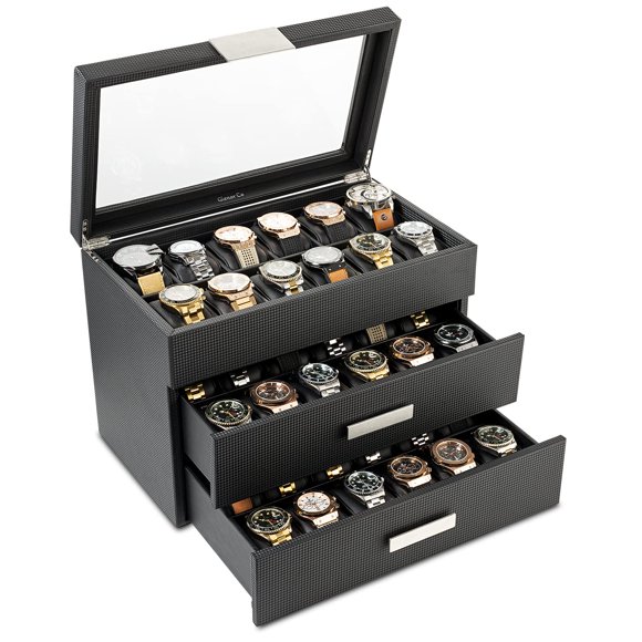Caja de Relojes Glenor de 36 Ranuras en Fibra de Carbono Negra