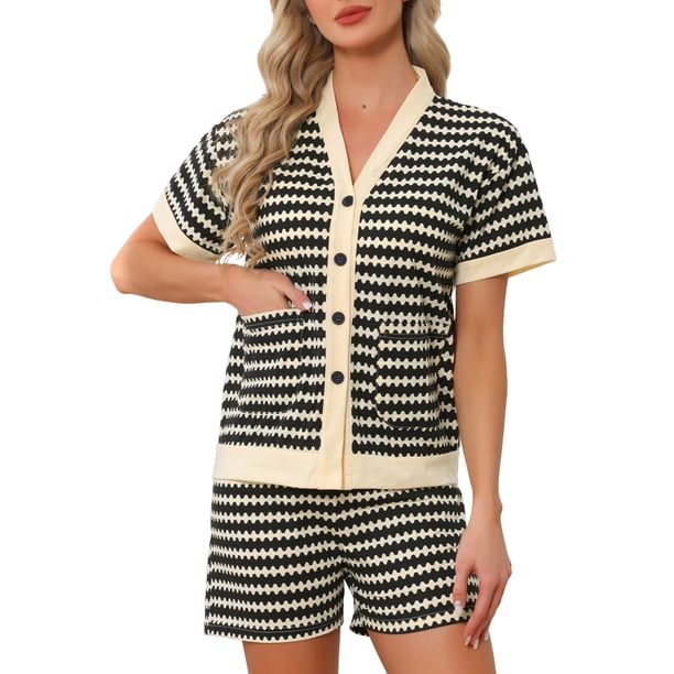 Conjuntos de Pijama para Mujer con Sujetador Incorporado de Cuello en V, Manga Corta, Camiseta Abotonada con Pantalones Cortos, Ropa de Dormir y Conjuntos de Descanso S Negro