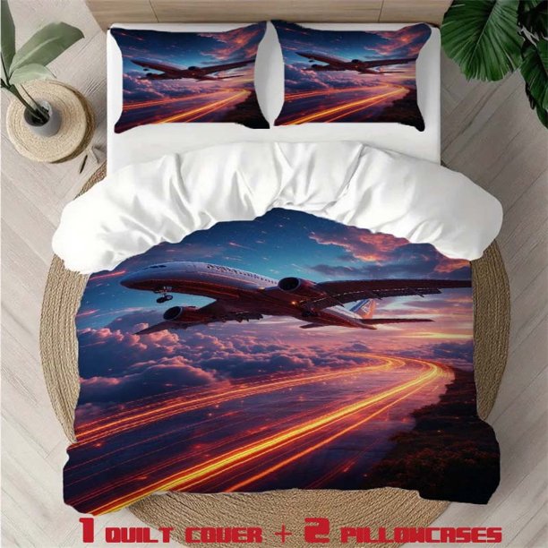 3pcs Dream Plane Themed Printed Bedding Set Duvet Cover and Pillowcases