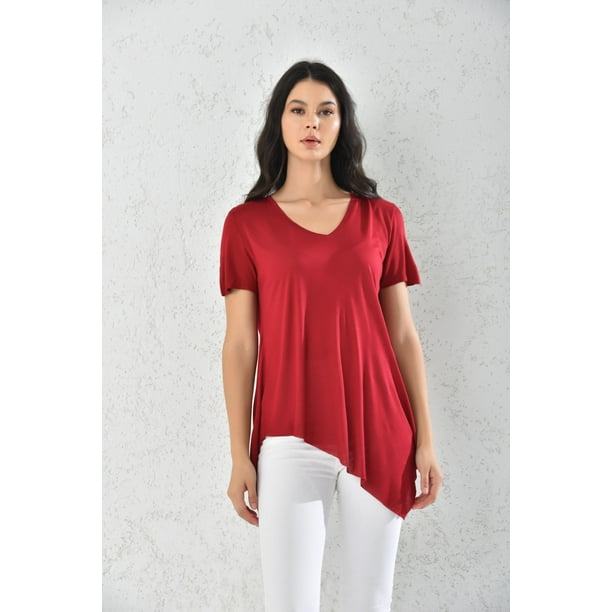 Polera Mujer Rojo Manga Corta Corte Asimétrico Talla L