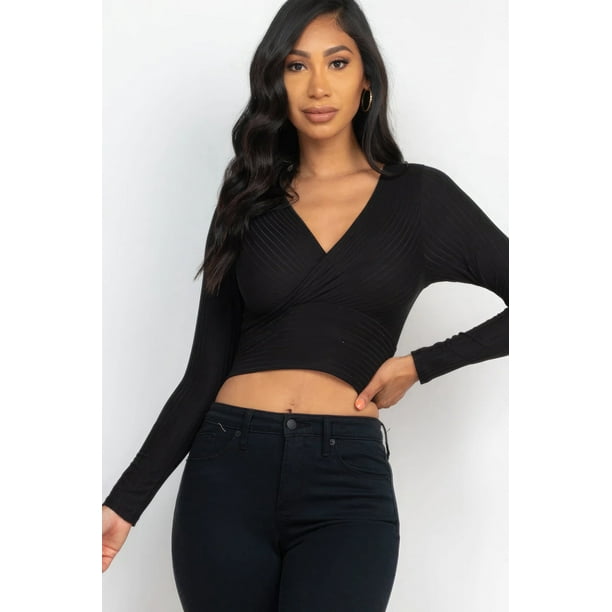 Top Corto De Manga Larga Con Cuello En V Cruzado Y Punto Acanalado Basics Negro (para Mujer)
