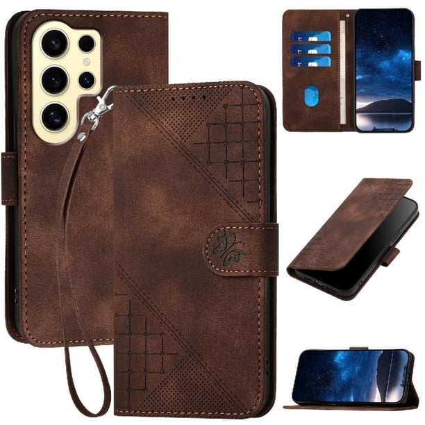 Funda Flip Premium Fibra de Carbono para Samsung Galaxy S24 Ultra con Soporte y Cierre Marrón
