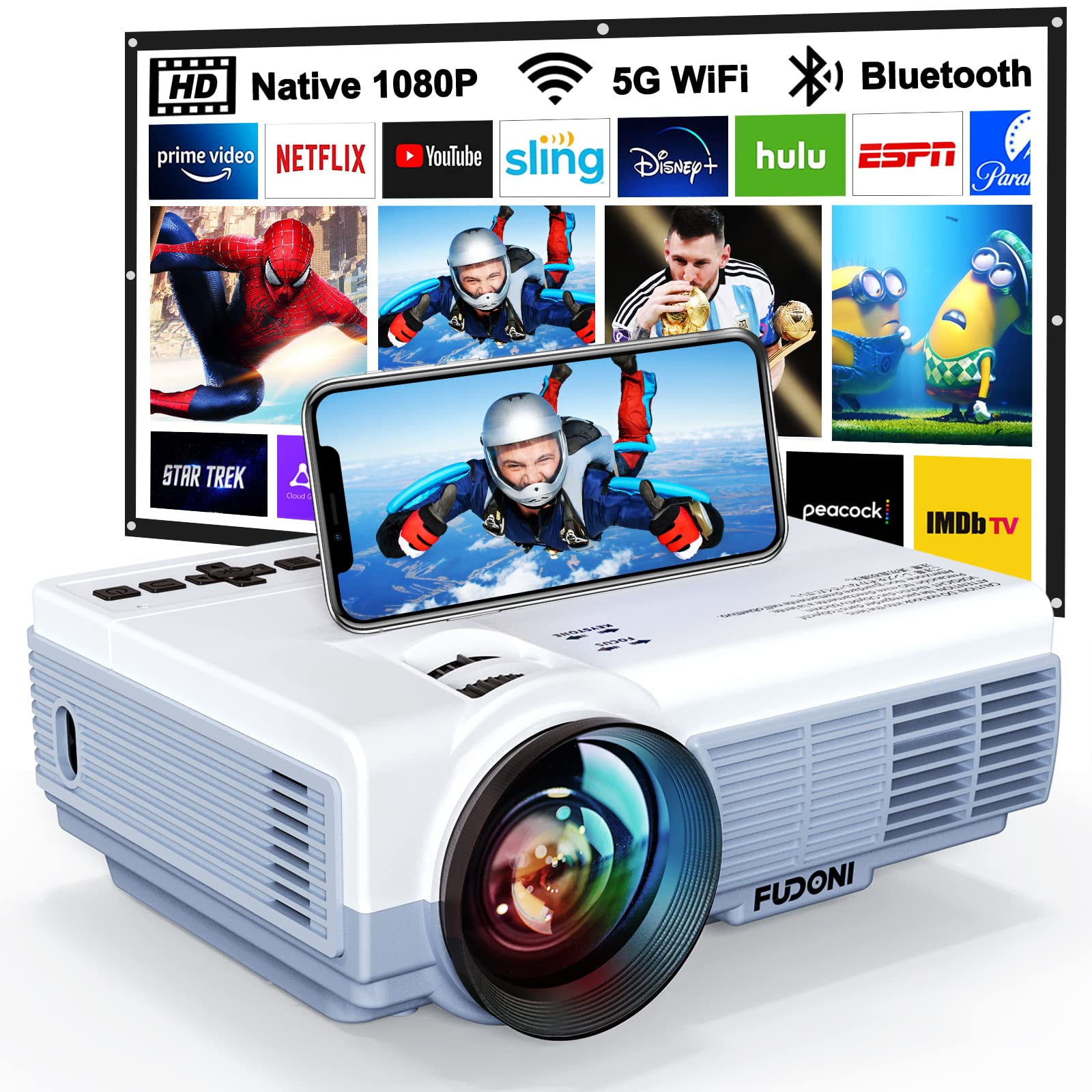 Proyector Fudoni Portátil Exterior 1080p 10000l 4k Wifi 5g