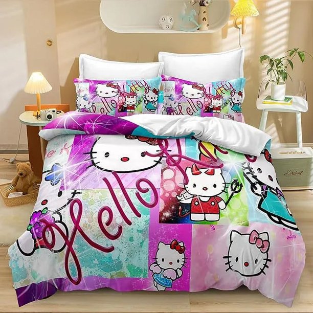 HelloKitty Cute Bed Duvet Cover Funny Anime Cartoon Bedding Sets Lightweight 3 Piece Comforter Sets