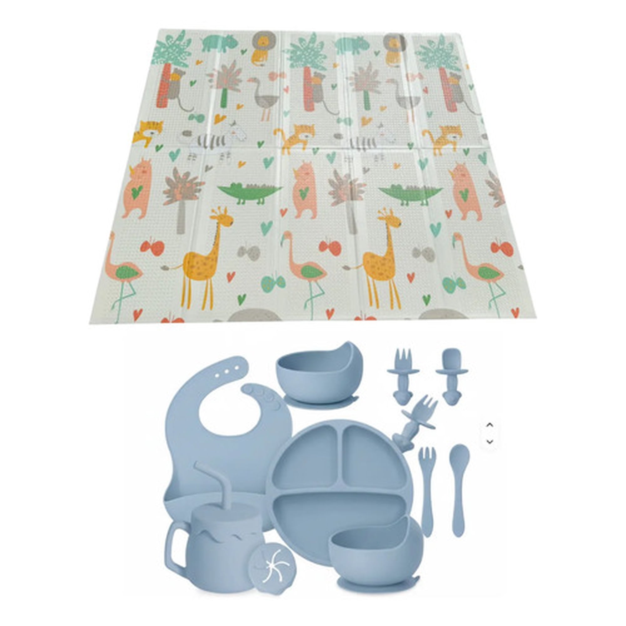 Marca - Pack Bebé Alfombra Plegable Y Set Alimentación Silicona Azul Claro