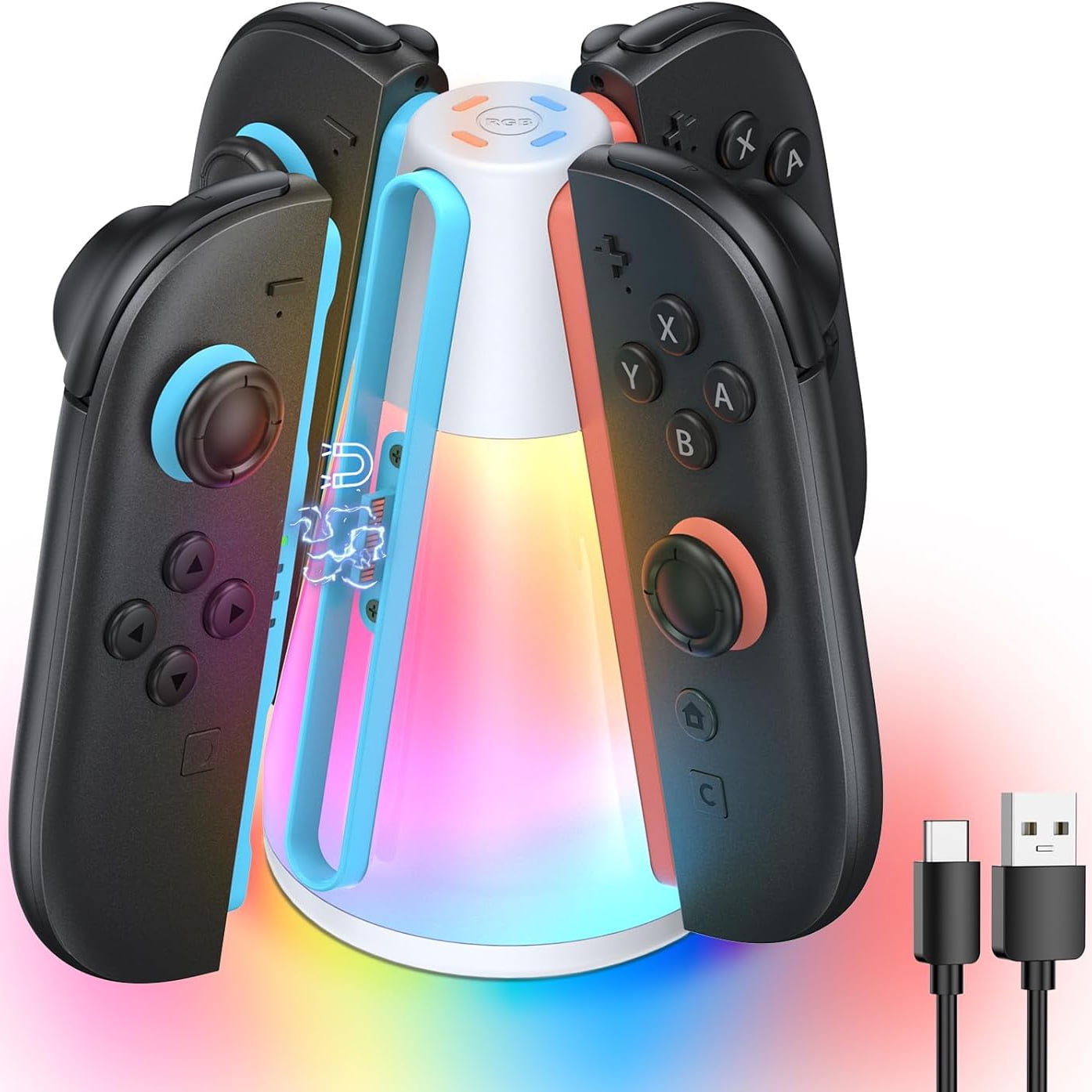 Genérico - Dock De Carga Para Nintendo Switch 2 Gamepad, Cargador De Controladores Magnético Rápido Dual-direccional 4-en-1 Con 10 Luces Rgb Y Modo De Luz Nocturna