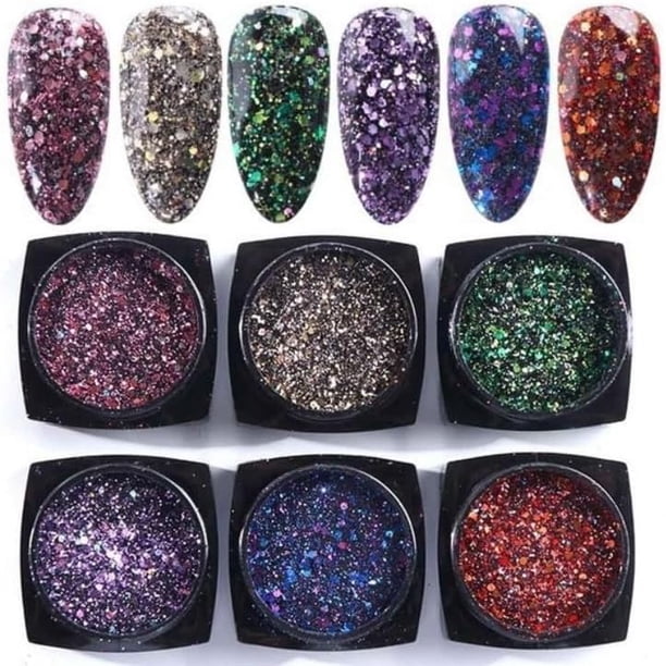 Set purpurina uñas 6 colores escamas gruesas arcoíris lentejuelas polvo reflectante alto brillo