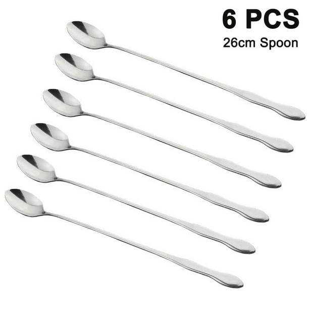 Juego de 6 cubiertos de acero inoxidable, cuchara larga para cóctel de 26 cm, acero inoxidable pulido, apto para lavavajillas.