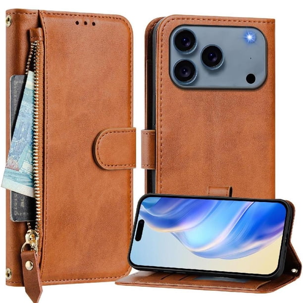 Funda Billetera Cremallera para iPhone 17 Pro Max con Porta Tarjetas, Soporte y Correa Marrón