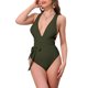 thumbnail image 1 of Monokini de Cuello en V Profundo para Mujer de INSPIRE CHIC con Cordones Cruzados y Control de Abdomen de Corte Alto, Traje de Baño de 1 Pieza, Talla X-Small, Verde Militar, 1 of 5