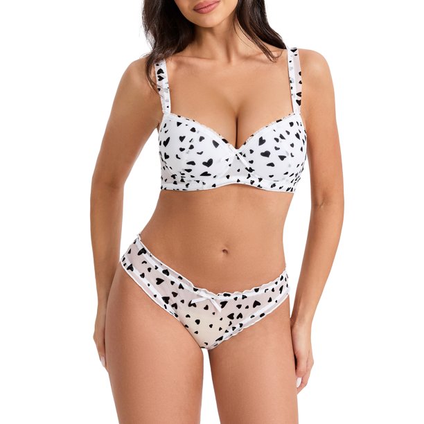 INSPIRE CHIC Conjunto de Lencería de Mujer con Estampado de Corazones de Encaje y Malla con Sujetador Push Up con Aros y Braguita Pequeña Corazón Negro