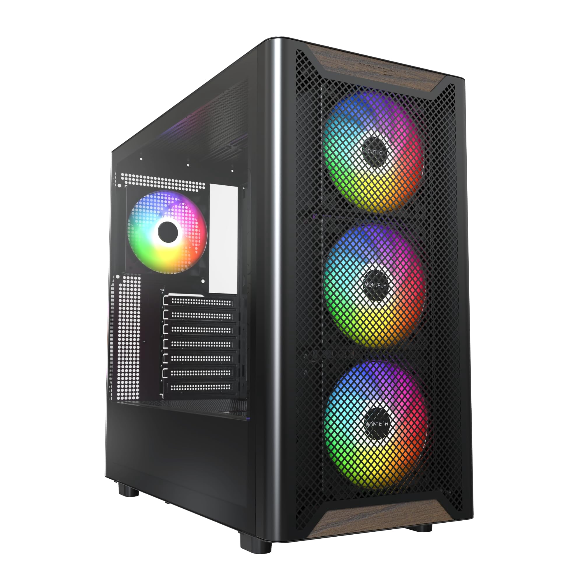 Gabinete Gamer Para Pc Montech Xr Wood Negro Con Madera De Nogal Y Ventiladores Argb
