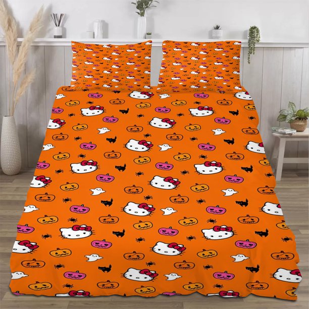 Halloween Hello_Kitty_ Quilt Set FullSoft Lightweight Quilts Quilted Bedspreads3 Pieces Set Queen SizeColorful Cartoon Print All Season 173*218CM