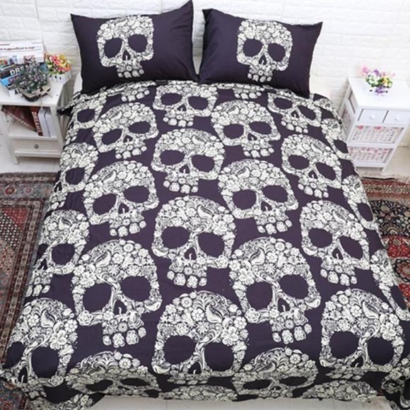 Flowers Skull Scary Theme Quilt Duvet Cover Set Bedspread Bed Linen 3-Piece Bedding Set