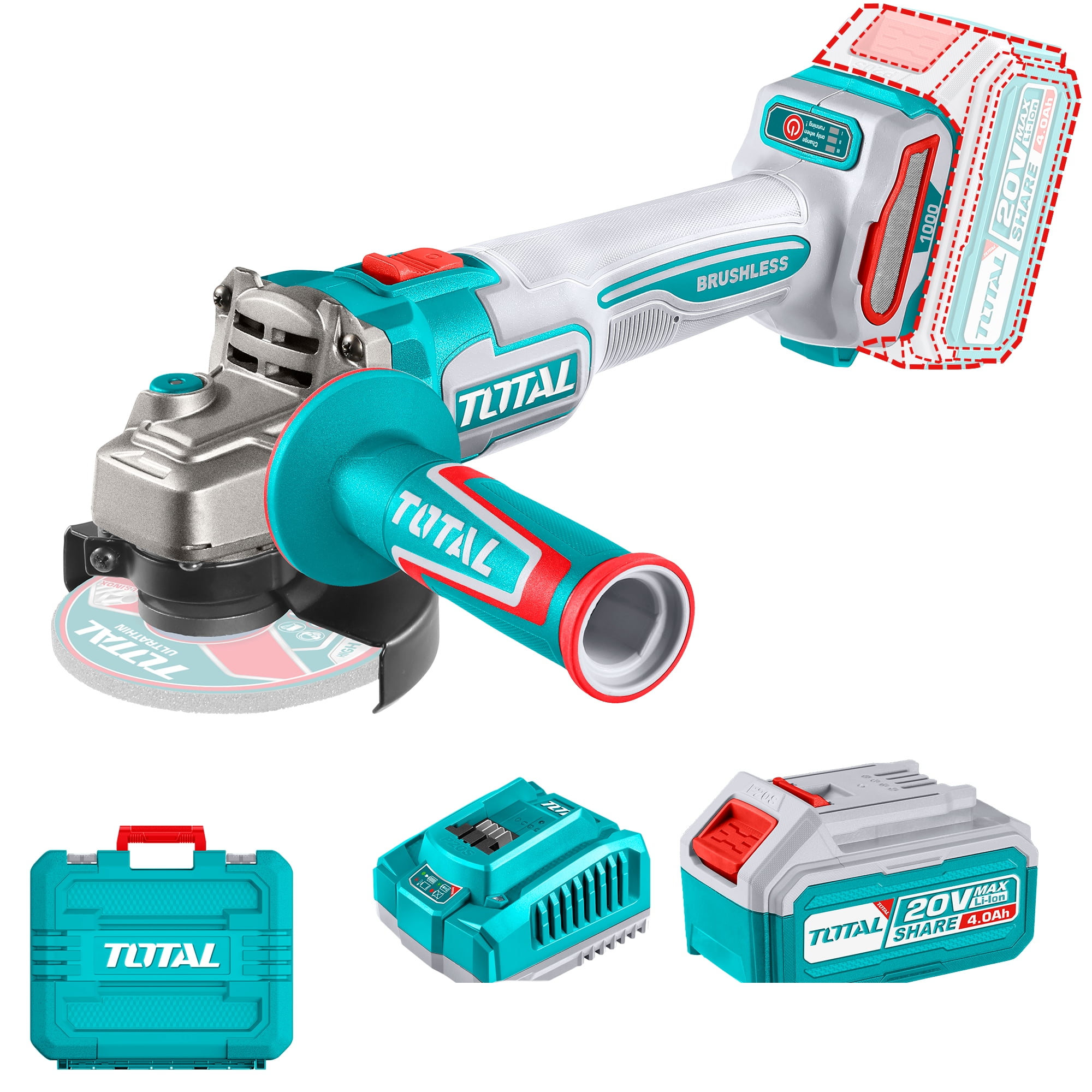 Esmeril Angular Inalámbrico 20v 115mm 1000w Batería Y Cargador Total