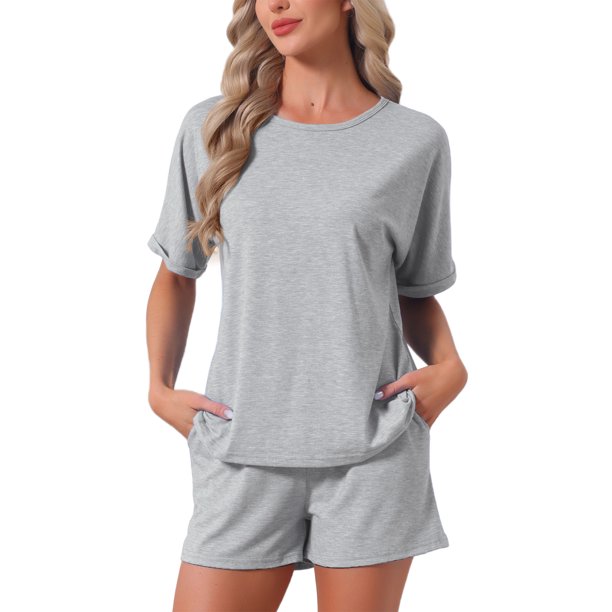 INSPIRE CHIC Conjunto de Pijama de Punto de Jersey para Mujer con Manga Corta, Hombro Caído y Pantalones Cortos con Cintura Elástica S Gris