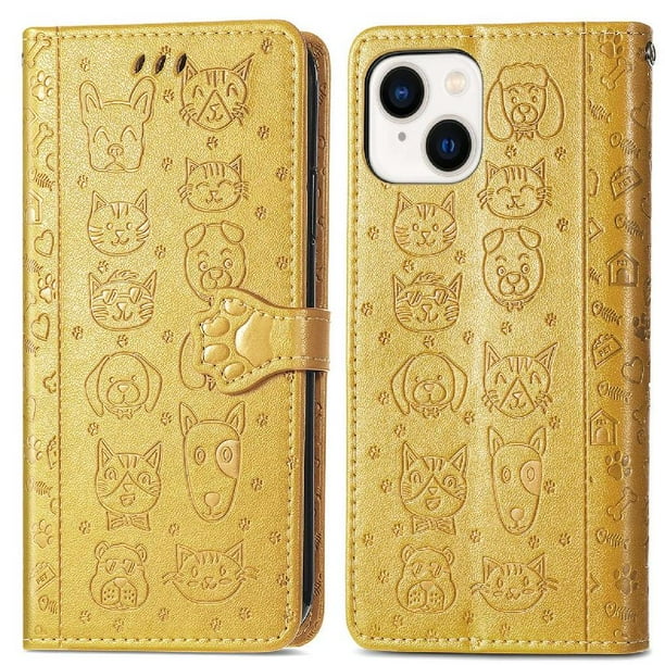 Funda Cartera FOXDOCK para iPhone 14 Plus , Flip PU con Relieve de Gatos y Perros, Tarjetero y Soporte
