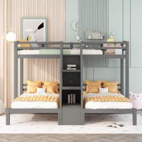 M&Ms - Twin Over Twin & Twin Bunk Bed With Built-In Staircase And Storage Drawer,Gray