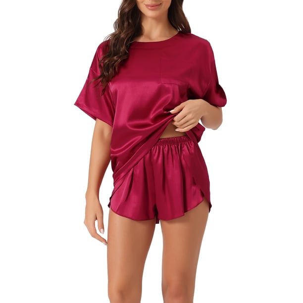 Conjunto de Pijama de Satén Suave para Mujer INSPIRE CHIC Regreso a Clases Ligero Manga Corta Cuello Redondo Camiseta de Dormir y Pantalones Cortos Ropa de Descanso M Burdeos