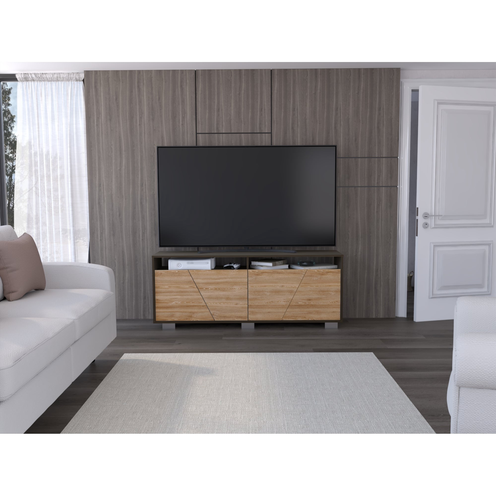 Tuhome - Rack Tv 70" Fraktal 4 Puertas Café Oscuro Y Miel