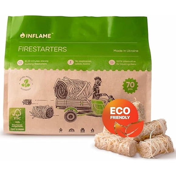 Inflame Encendedores de Fuego 70 piezas - Encendedores para fogatas, carbón, parrilla, BBQ, chimenea, estufa de leña - Impermeables, resistentes a la intemperie - Encendedores naturales de madera