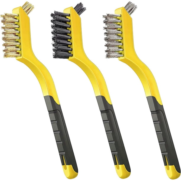 Juego de 3 cepillos de alambre con cerdas de nailon, latón y acero inoxidable con mango curvo para eliminar óxido, suciedad y pintura con limpieza profunda.