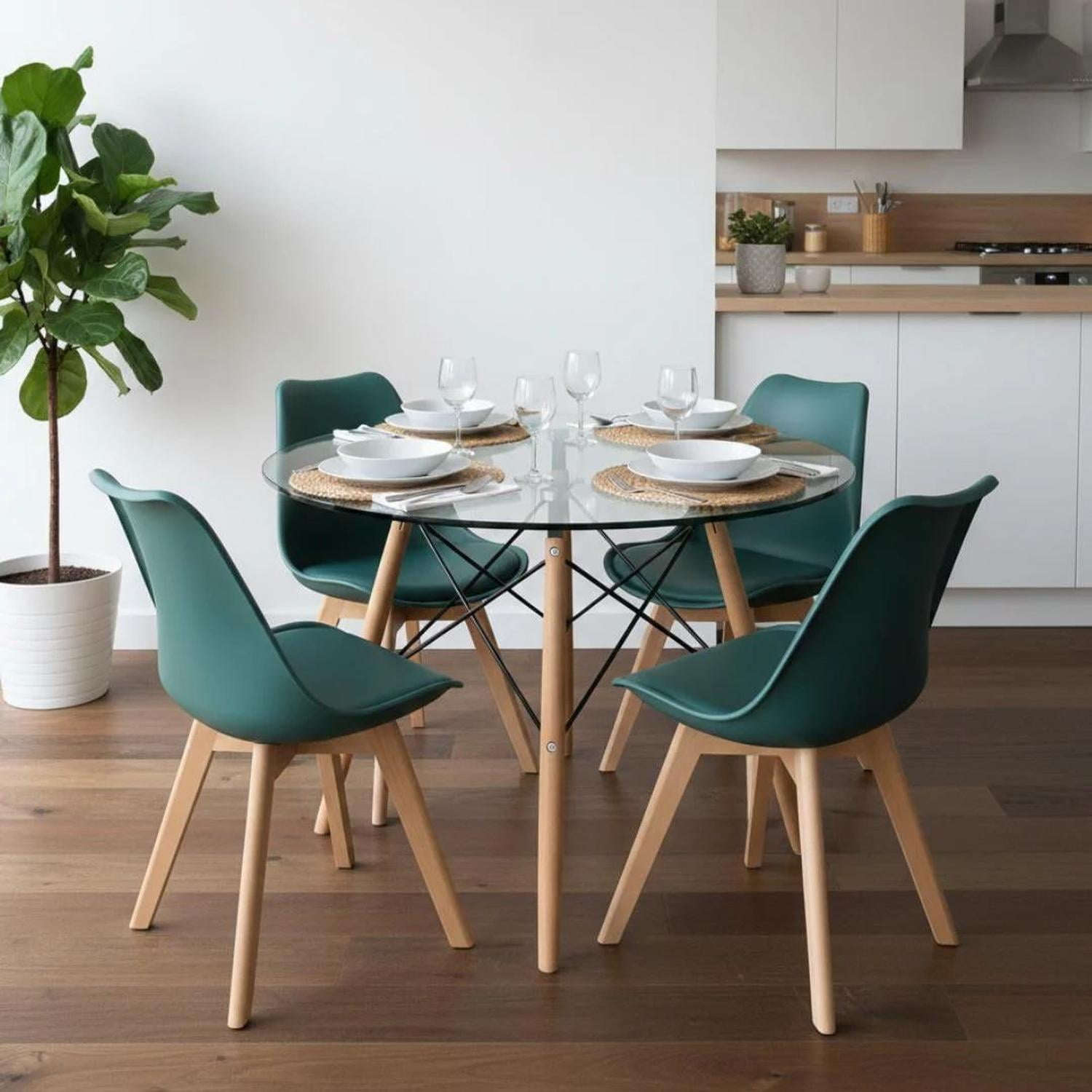Pandalino - Comedor Mesa Redonda Elida 80cm + 4 Sillas Tulip Verde Esmeralda