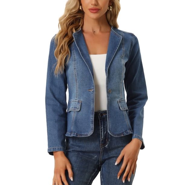 INSPIRE CHIC Chaqueta de Jean Elástica para Mujer de Regreso a Clases con Cuello de Solapa y Un Botón de Manga Larga para Trabajo, Azul L