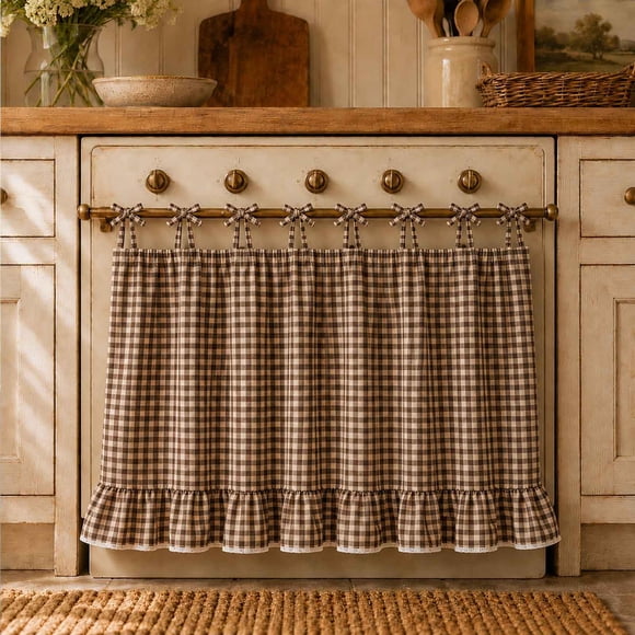 Cortina FancyCow para Horno con Falda de Lino, Cierre con Nudo, Estilo Rústico