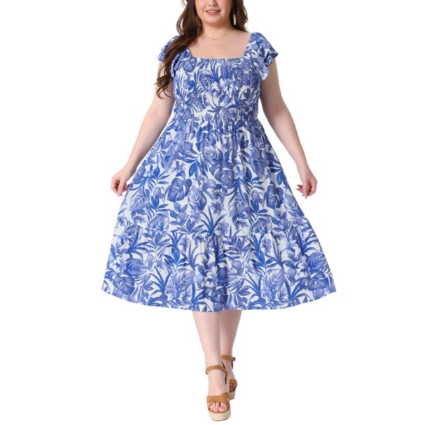 GRACE & GRANDEUR Vestido Floral de Mujer Talla Grande con Mangas Cortas Aleteadas y Nido de Abeja, Línea A, Vestido de Verano con Bolsillos 4X Azul