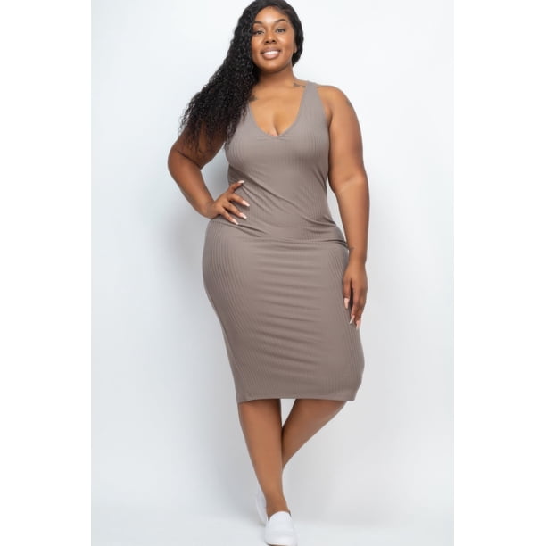 Vestido Midi Ajustado sin Mangas de Canalé de Talla Grande