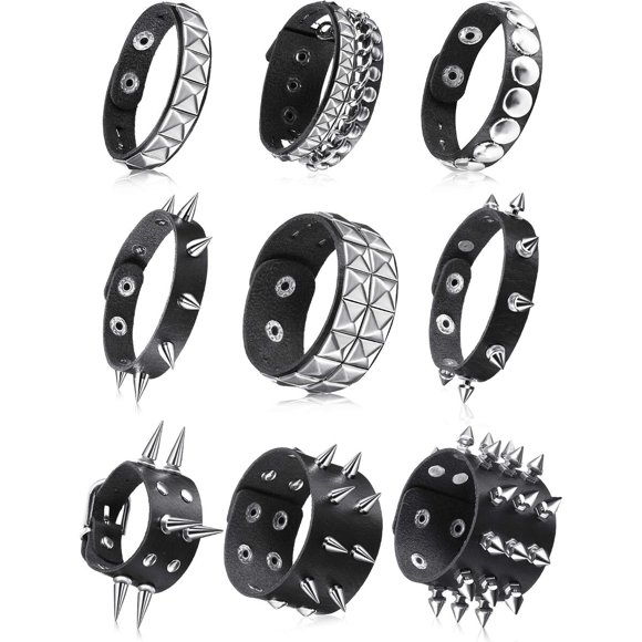 Hicarer 9 Pcs Spiked Studded Bracelets Punk Leather Bangles