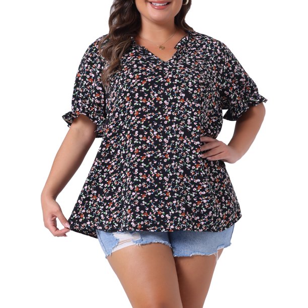 Agnes Orinda Blusa Casual de Verano para Mujer de Talla Grande con Estampado Floral, Cuello en V con Volantes, Mangas Cortas Abullonadas con Volantes, 4X Negro