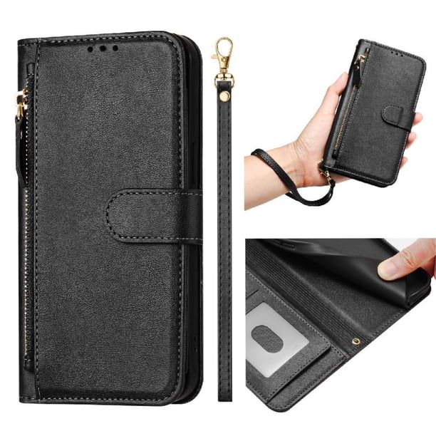 Funda tipo cartera para iPhone 14 Plus con bolsillo con cremallera, tarjetero, soporte, correa para la muñeca y tapa de cuero Negro