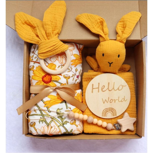 Set de regalo PLUS hermoso (5 ítems: Manta muselina, tuto conejito, mordedor de madera, cuelga chupete, Adorno hello baby)