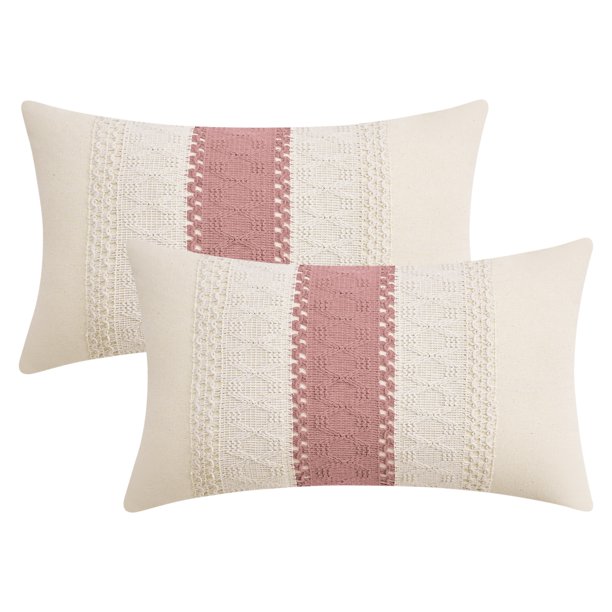 REGALWOVEN 2 piezas de fundas de cojín con tejido geométrico para sofá sala de estar decoración boho estilo rústico rosa 12" x 20"