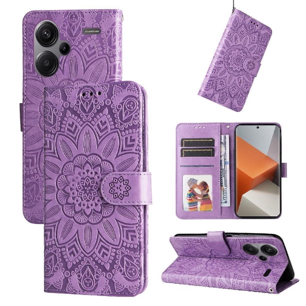 Funda tipo cartera FOXDOCK para Xiaomi Redmi Note 13 Pro Plus 5G , diseño girasol en relieve, cuero PU, cierre magnético, soporte y tarjetero