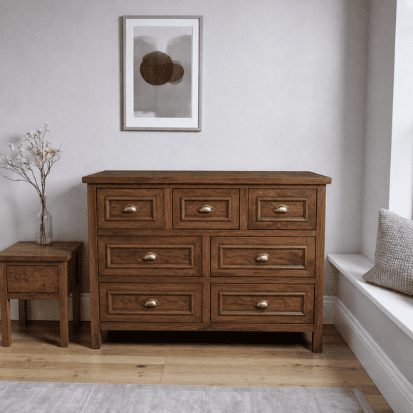 Cómoda 7 Cajones Mueble de Madera Nativa para Dormitorio - Café - 120x40x90 cm