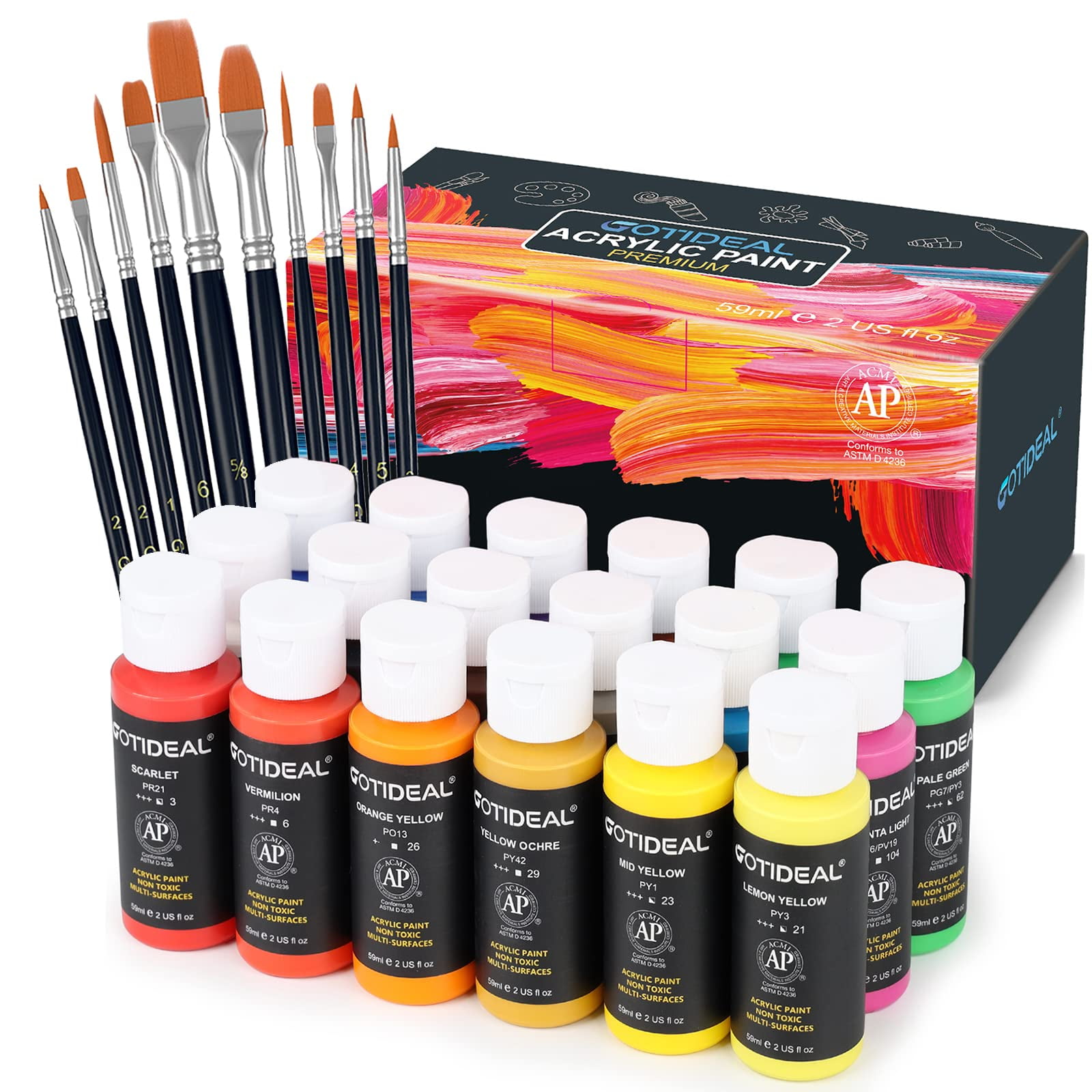 Set De Pintura Acrílica Gotideal, 18 Colores, 59 Ml, Con 10 Pinceles