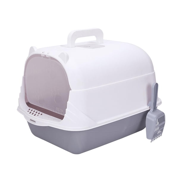 Caja de arena para gatos con capucha, inodoro para gatos completamente cerrado, suministros para mascotas, caja de arena extraíble, portátil, fácil de Gris y blanco