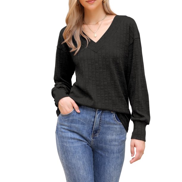 INSPIRE CHIC Top de Mujer de Manga Larga con Cuello en V Ligero para Primavera Otoño Blusa Casual XL Negro
